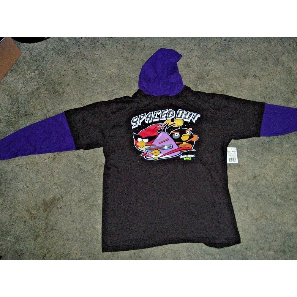 New Youth Size 18 Angry Birds Hoodie Black & Purple w/Space Out Graphic on Front